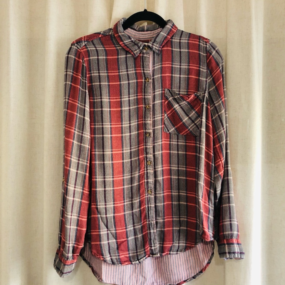 Lucky Brand Ultra Soft Red and Gray Plaid Button-Up Shirt